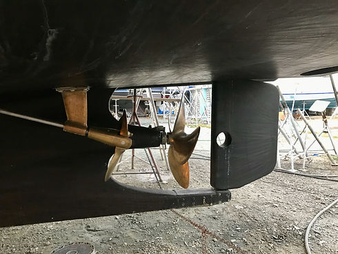 Northavn yacht propellers and rudder viewed from hull bottom