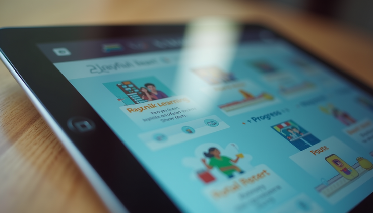 Eye-level view of a digital tablet displaying an adaptive learning interface with interactive content