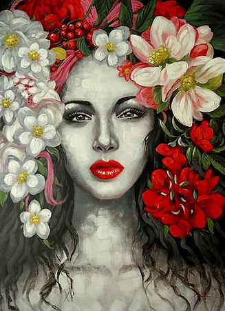 Gezeichnetes Bild einer Frau mit Blumen im Haar in den Farben weiß und rot.