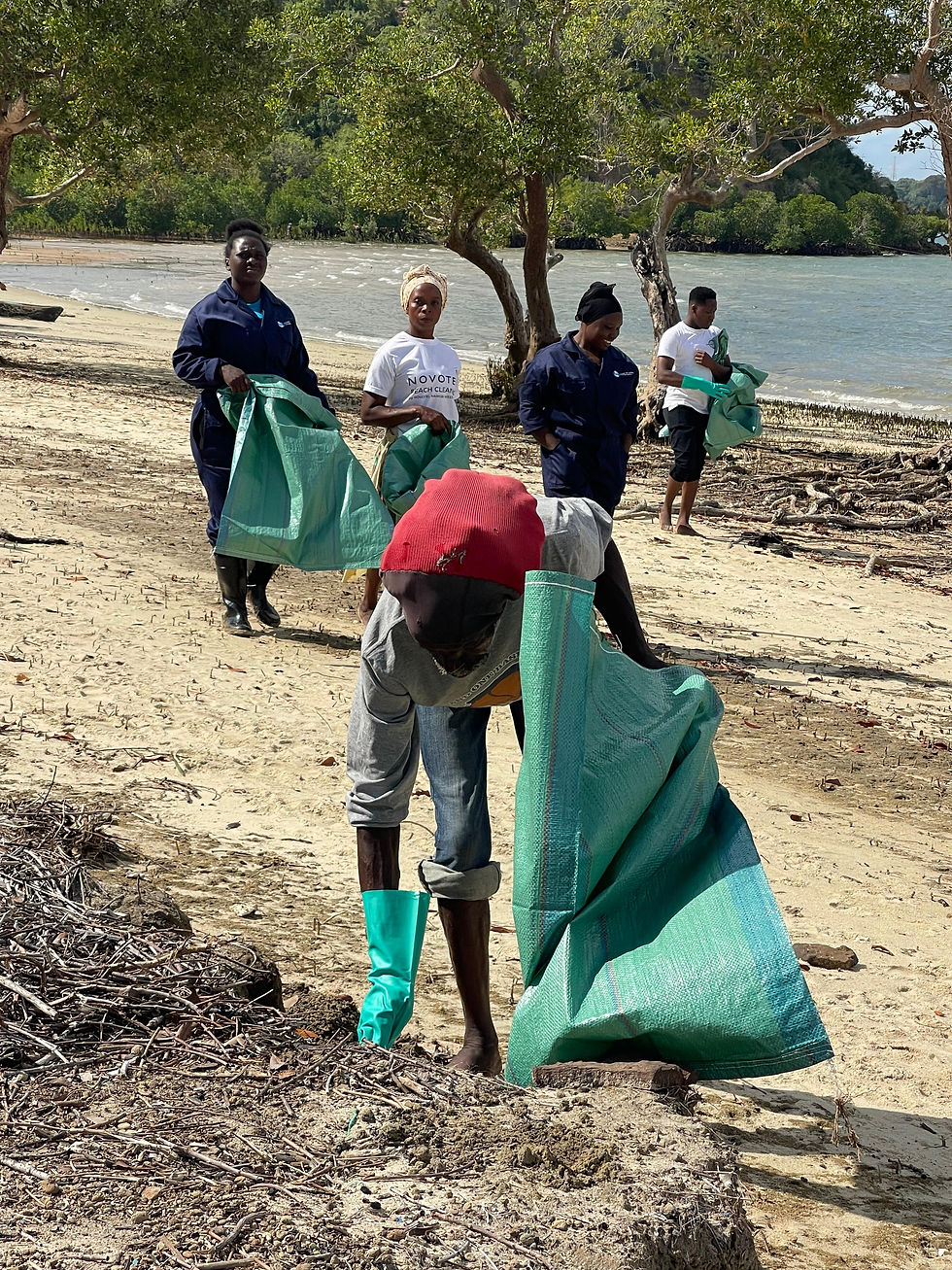 Volunteers collecting plastic waste during a beach cleanup at Gastonia Beach, Kilifi.