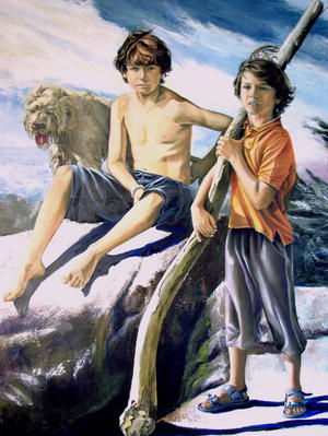Portrait of Weiss Brothers, oil on panel, 44 x 60 inches