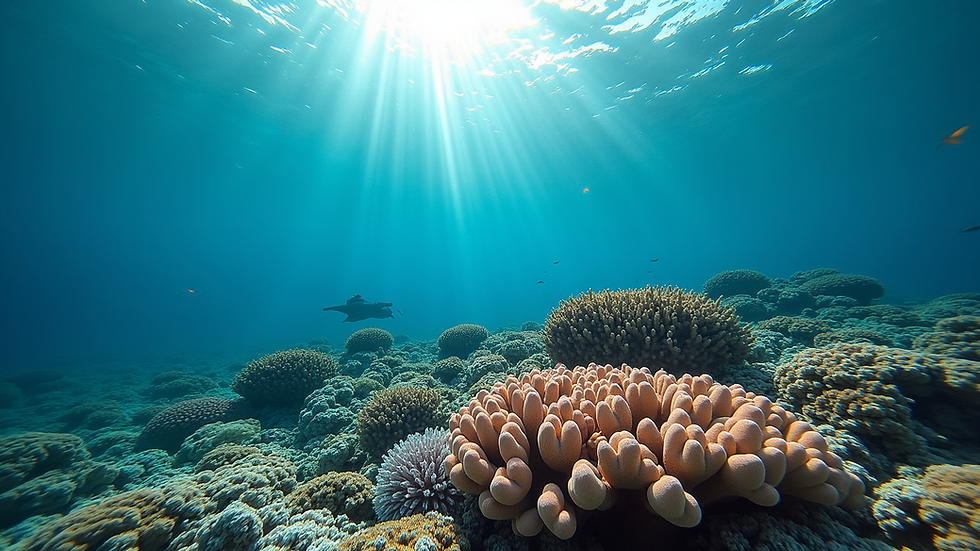 Wide angle view of coral reef and clear blue water