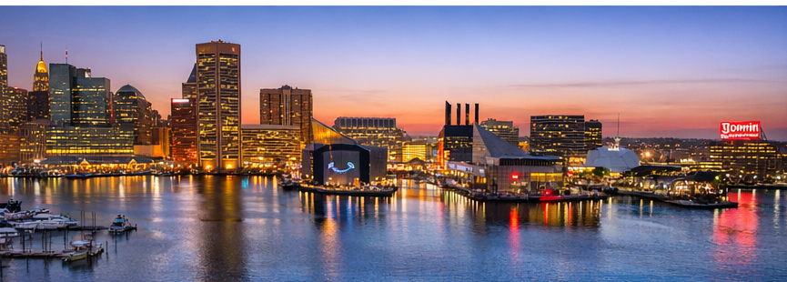 Baltimore Inner Harbor at night, a winter backdrop for Baltimore Winter Restaurant Week dining and waterfront walks.