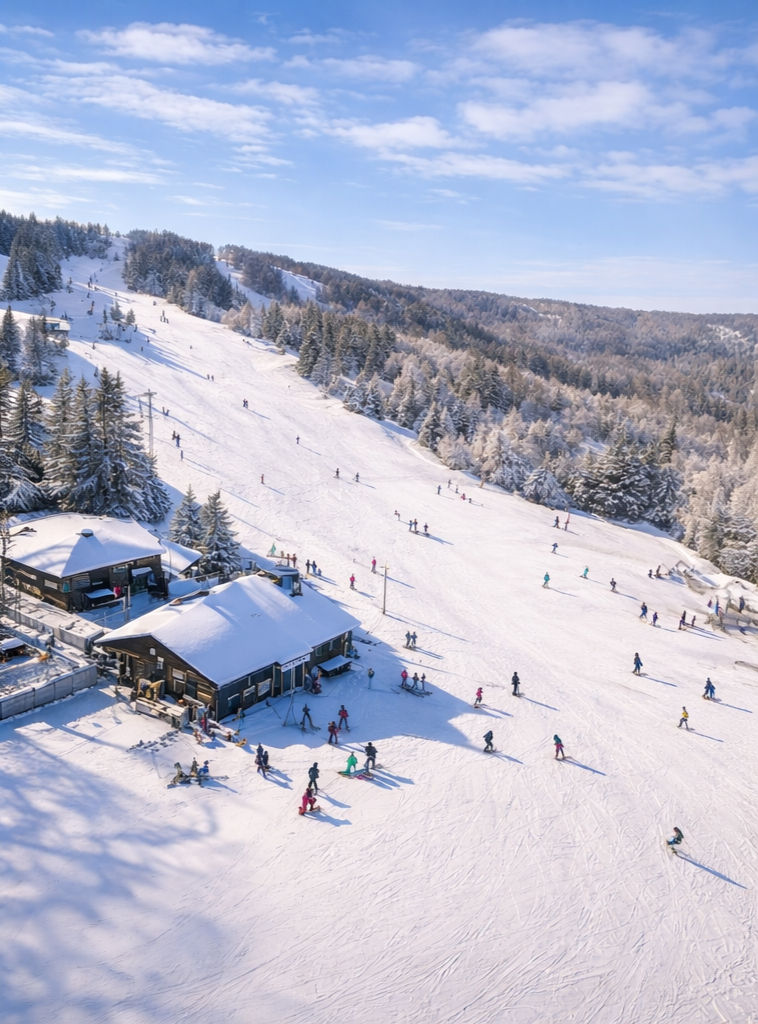 Snow-covered ski slopes at a Pennsylvania mountain resort, a winter weekend option for Mid-Atlantic residents.