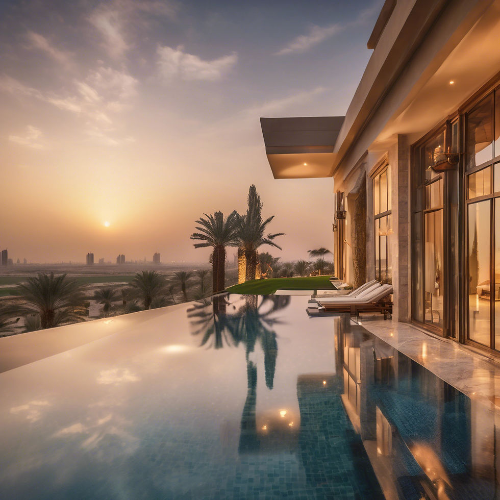 A luxurious infinity pool and patio overlook a scenic dubai landscape at sunset, adjacent
