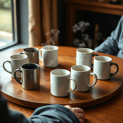 7 steaming mugs on a table arranged in a circle like people are sitting around.jpg