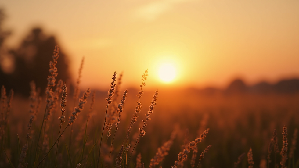 Close-up view of a serene landscape with a sunrise