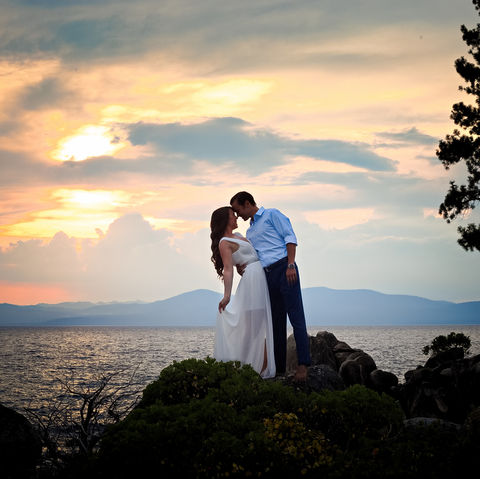 couple at sunset lake tahoe