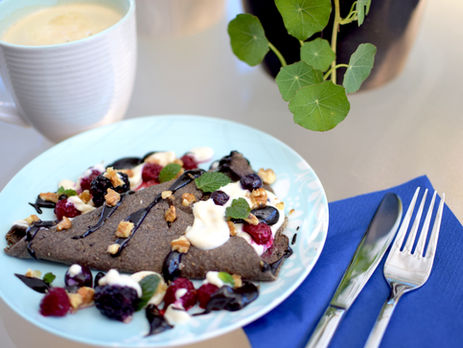 Buckwheat Crepes with Tofu Cream and Black Tahini Sauce (Vegan, gluten-Free)
