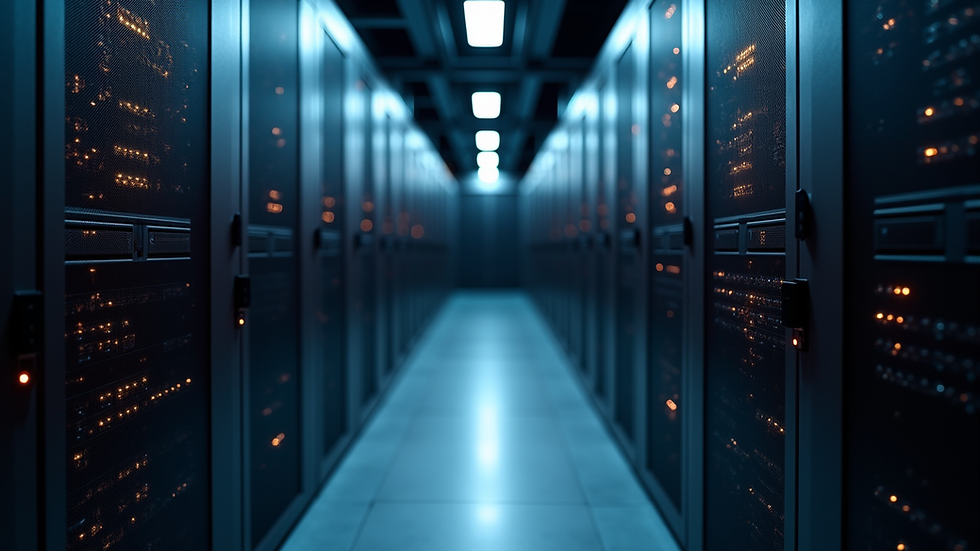Eye-level view of a server room with blinking lights