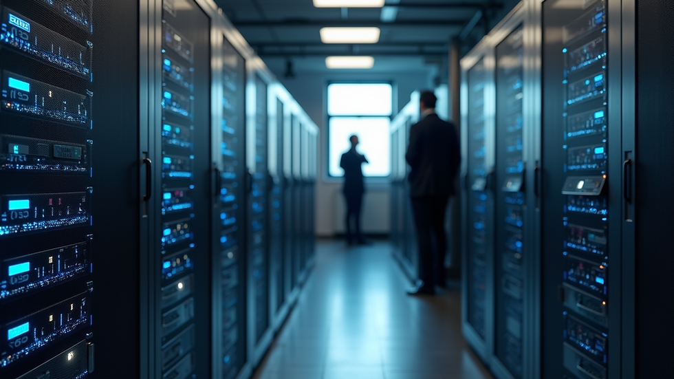 Eye-level view of a modern office server room with cybersecurity equipment