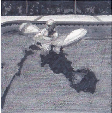 Marker Sketch of Raftman Man with Arms Wrapped around short side of Raft View from Above with Shadow Kathleen Streitenberger