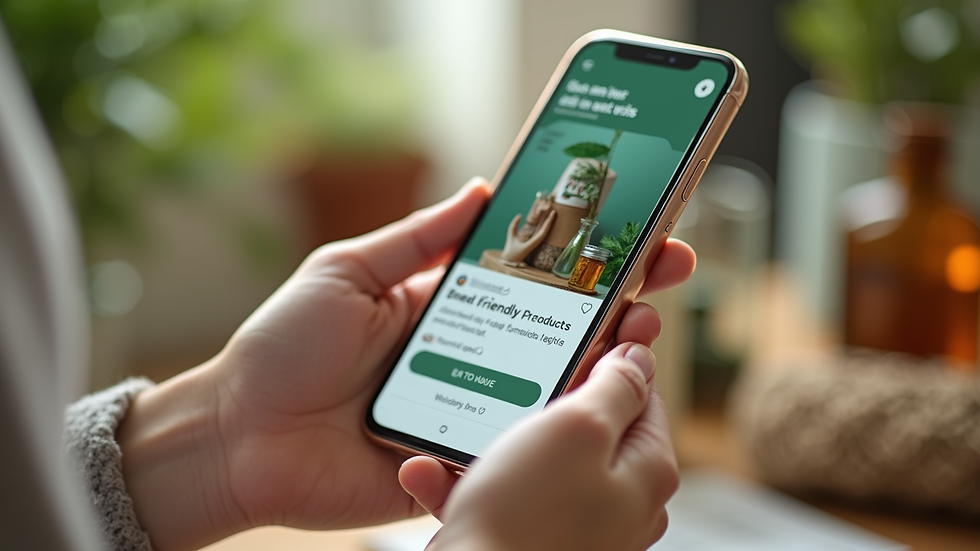 Close-up view of a smartphone displaying a social media post about eco-friendly products