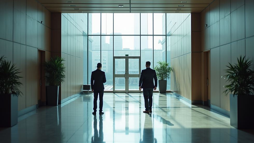 High angle view of an office building lobby with security personnel