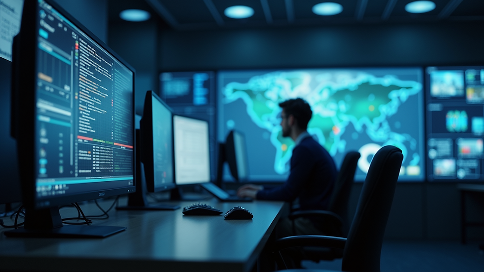 Close-up view of a security control room with multiple monitors