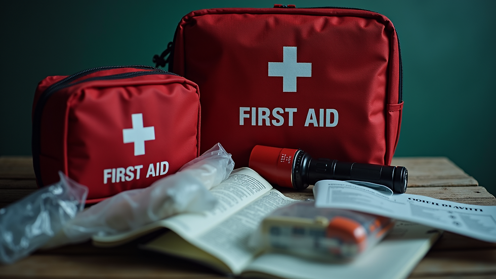 Close-up view of emergency supplies including first aid kit and flashlight