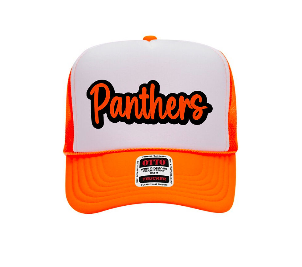 BLACK AND ORANGE PANTHERS LOGO ON ORANGE AND WHITE HAT