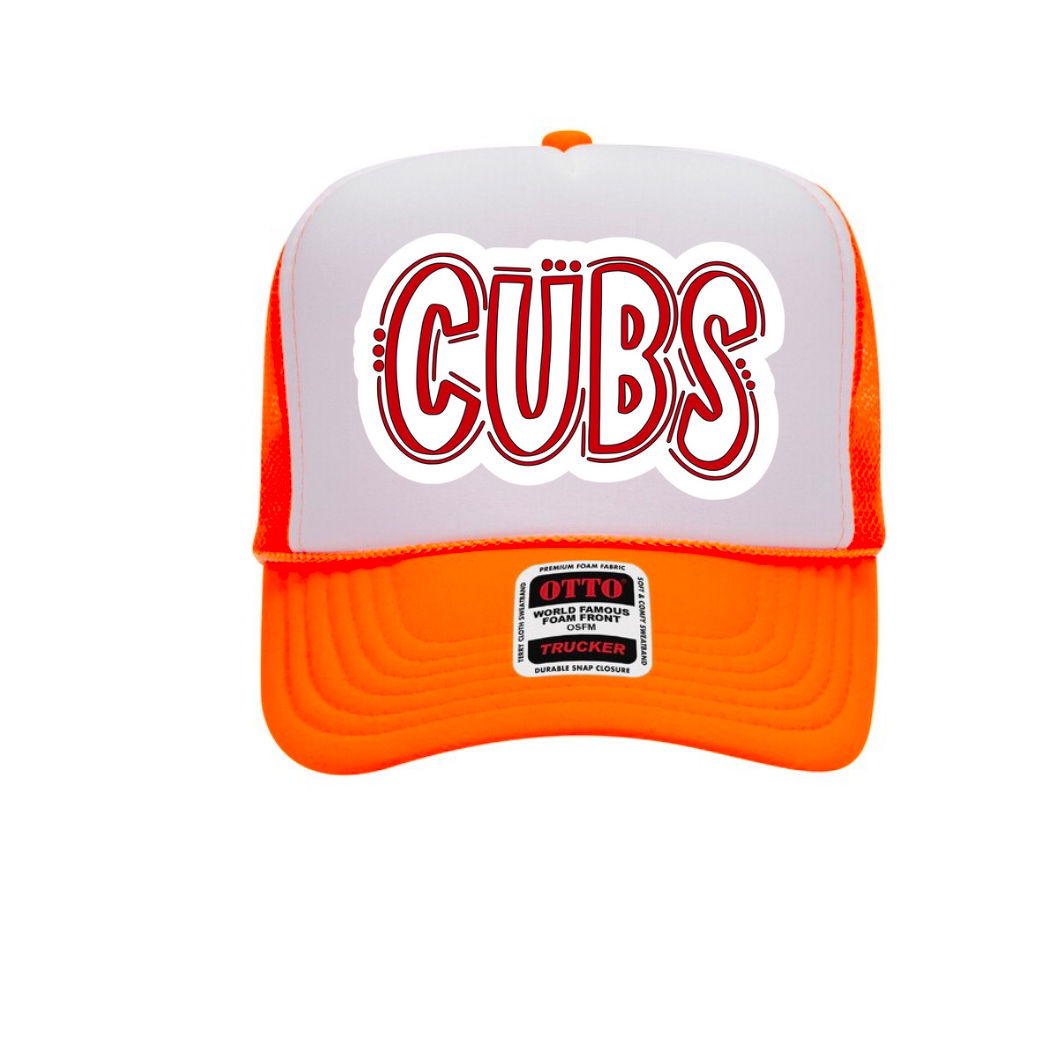 RED AND WHITE GLITTER CUBS LOGO ON ORANGE AND WHITE HAT