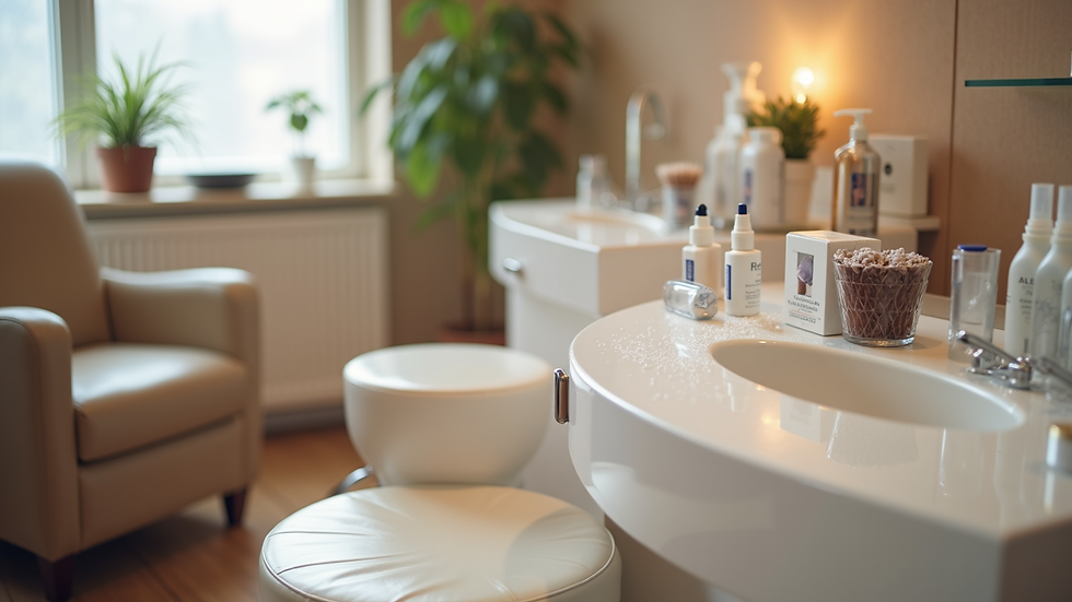 Eye-level view of a clean and organized nail salon pedicure station