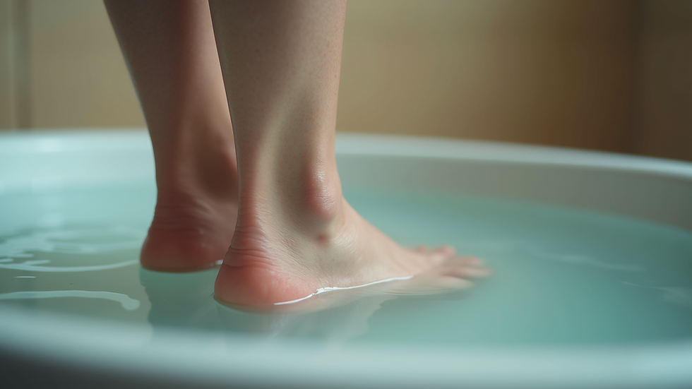 Close-up view of a foot soaking in a warm water basin