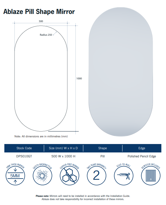 Thumbnail: Thermogroup - Ablaze Polished Edge Demister Mirrors - Pill - 500x1000mm