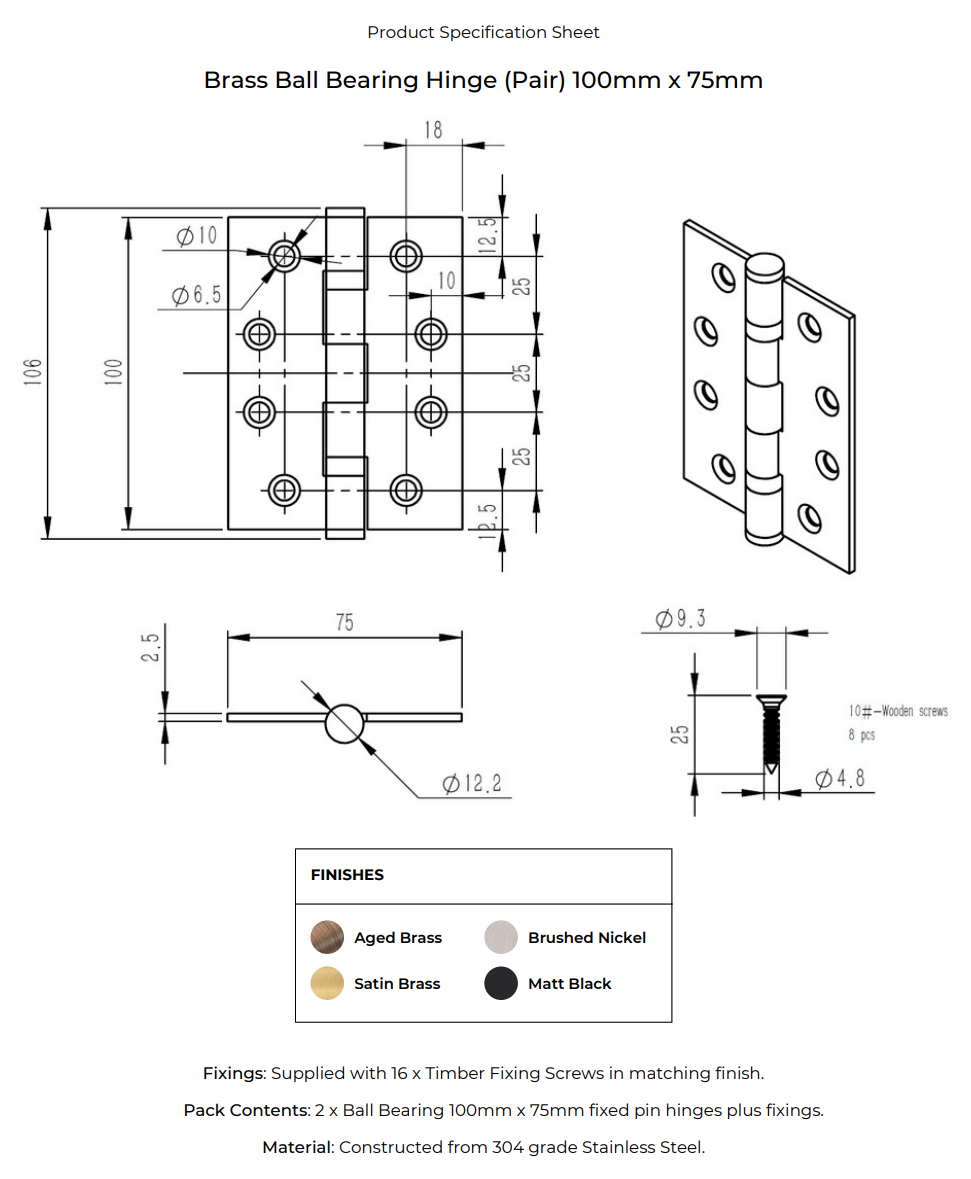 Thumbnail: Manovella - Ball Bearing Hinge H100xW75xT2.5mm (Pair)