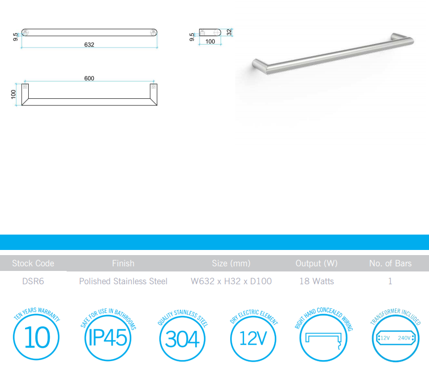 Thumbnail: Thermogroup - Heated Towel Rail - Single Horizontal Round - Polished W632mm