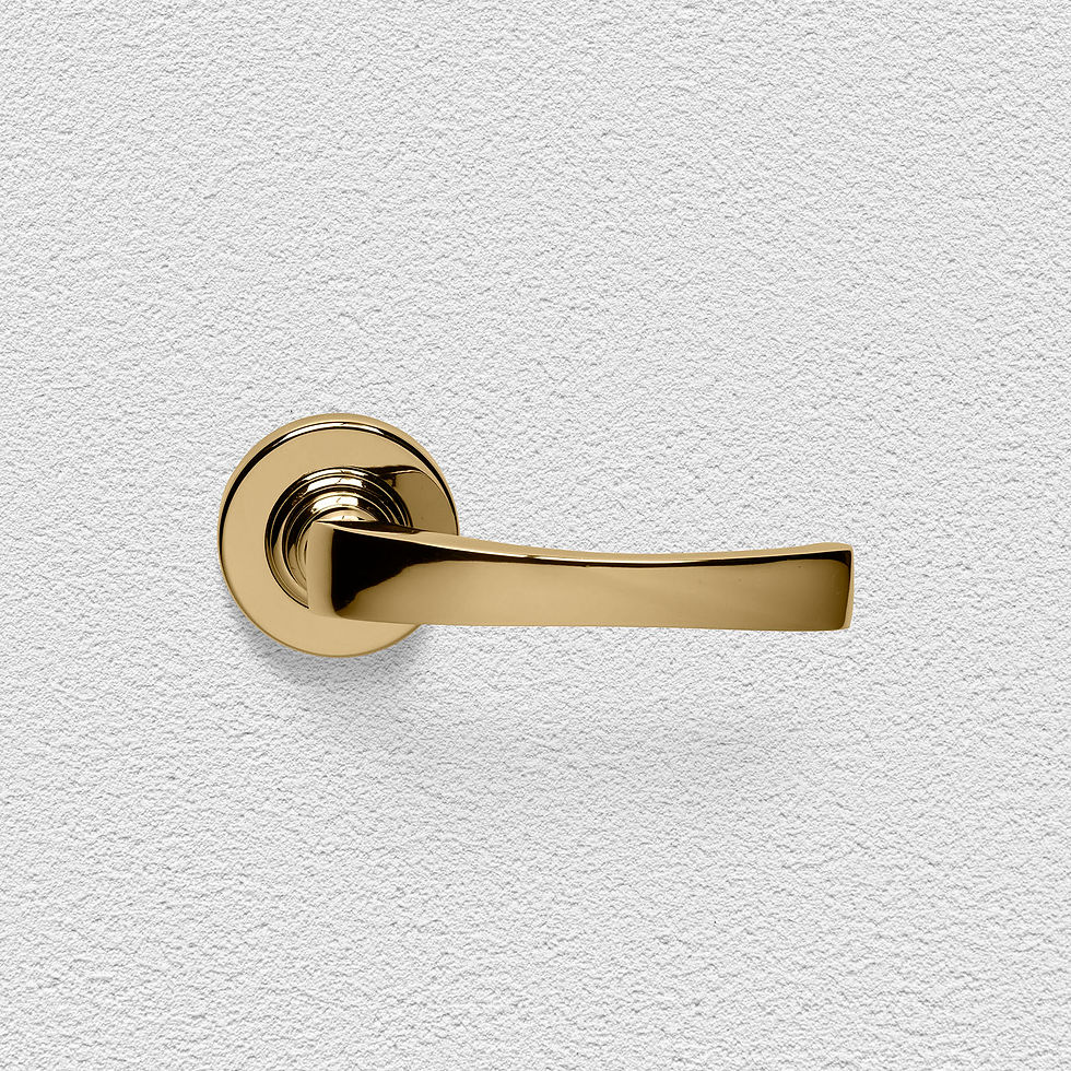 Thumbnail: Domino Brass - L120+R01 Modern Bend Door Lever on Round Rose - All Variants