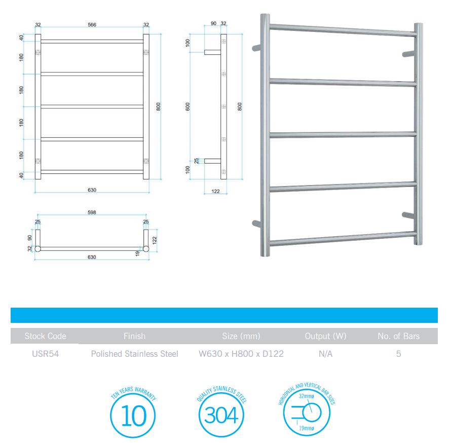 Thumbnail: Thermogroup - Regular Towel Rail - Round Ladder - Polished Stainless W630xH800mm