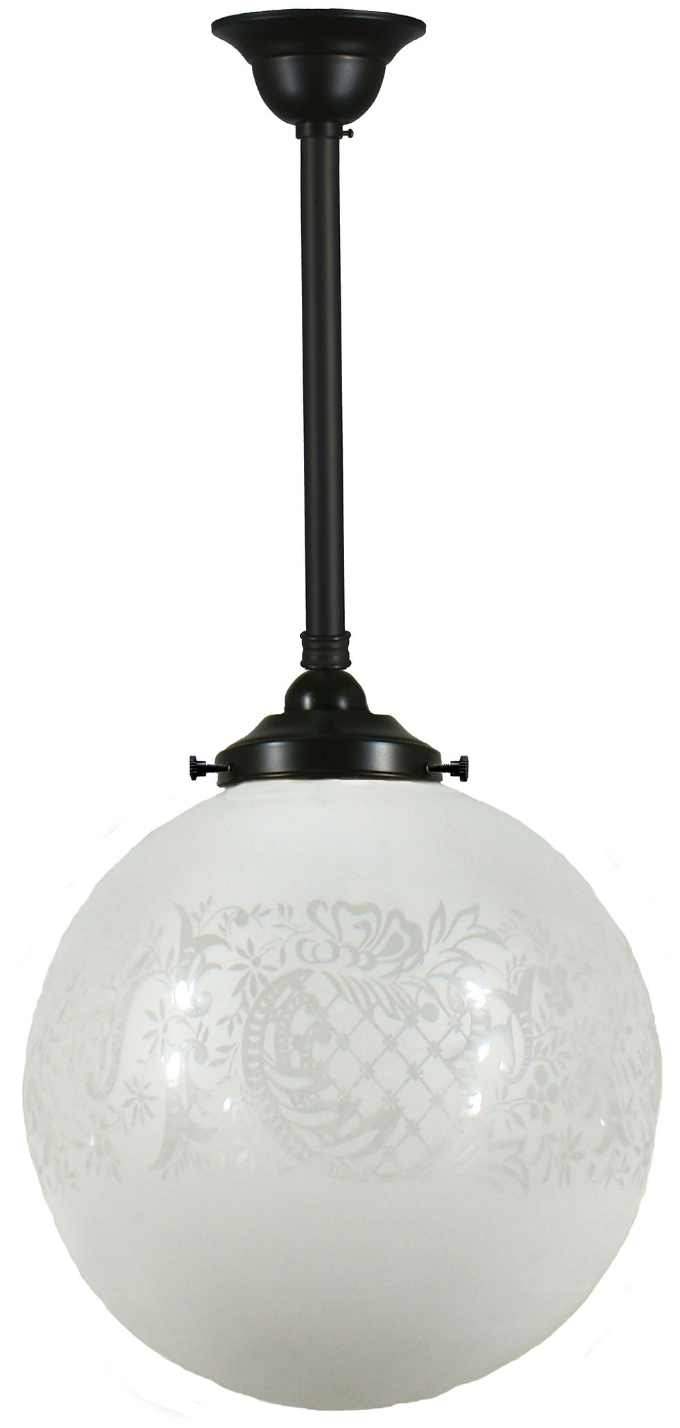 Thumbnail: LI - Sphere Sheffield Etched Interior Patina Black Rod Pendant Light