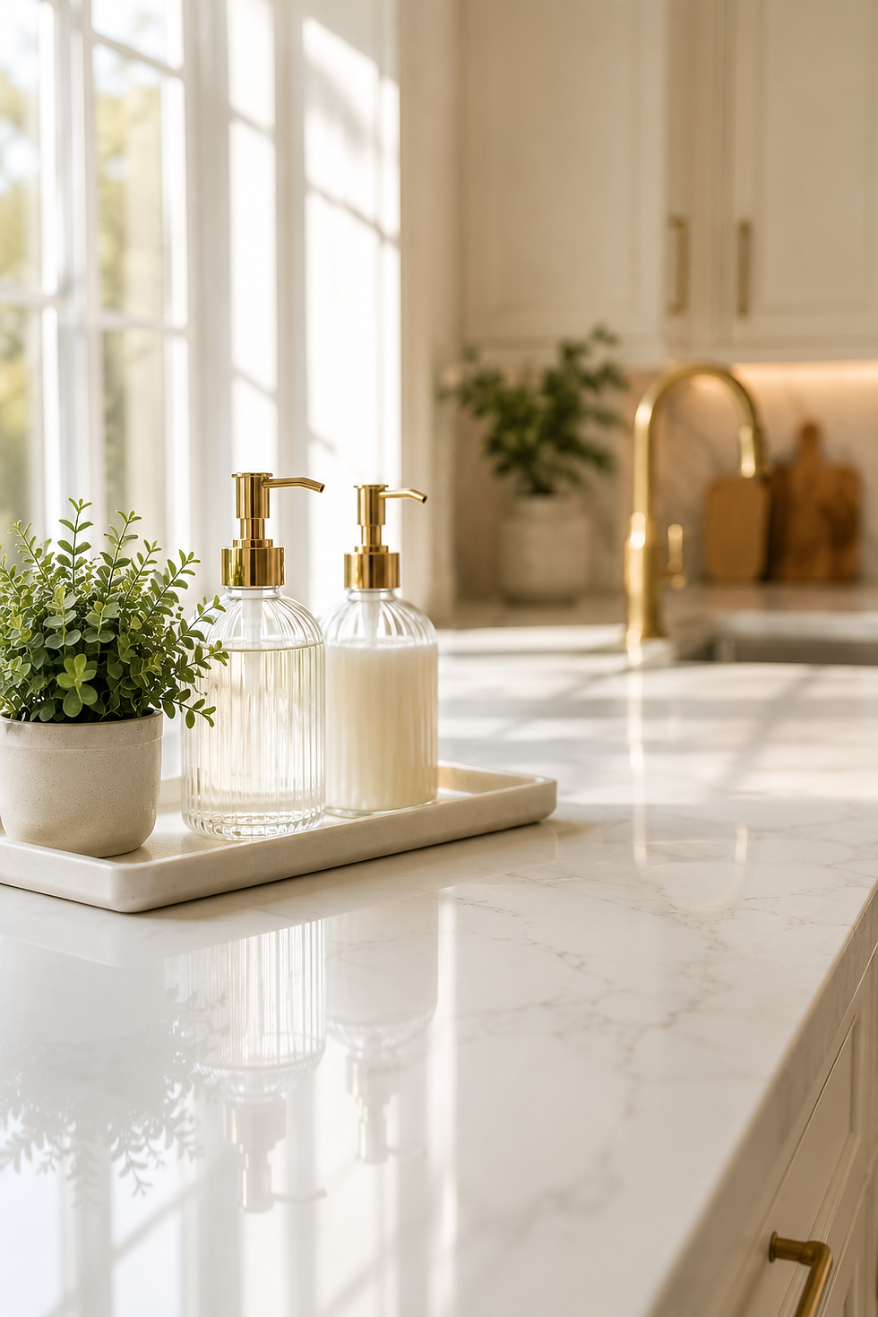 Modern luxury kitchen sink featuring handsoap and lotion bottles against a stylish countertop.