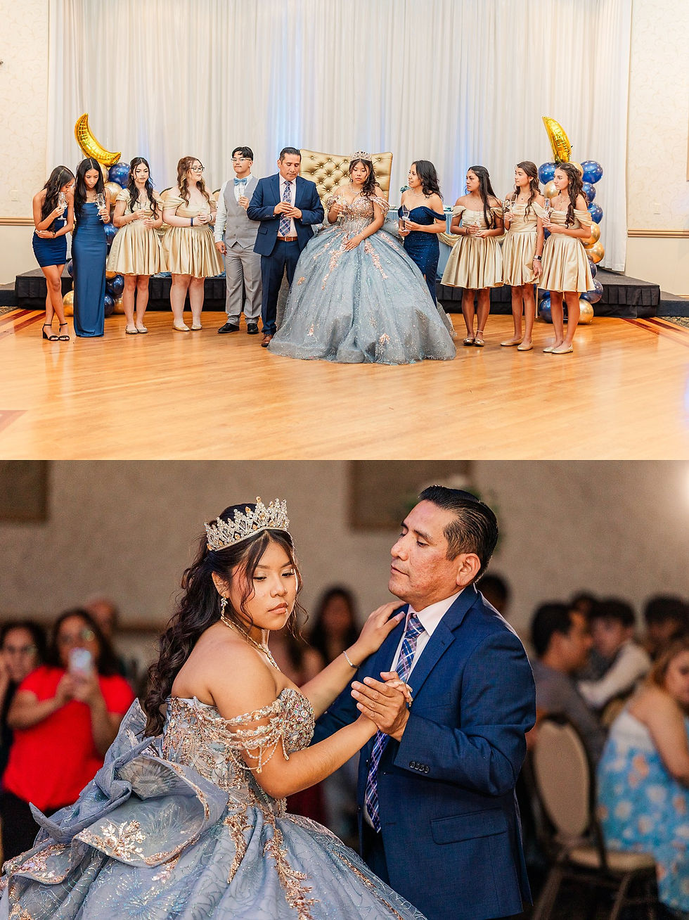 Joliet quinceañera photographer, Crystal Grand Banquets, quinceañera dress dusty blue, gold quince theme, Lemont IL event venue, sweet 15, quinceañera photography, Chicago quince photographer, quince piñata, quinceañera traditions, quince surprise dance, quince ring gift, dusty blue and gold party, airbrush quince shirts, quinceañera decor ideas