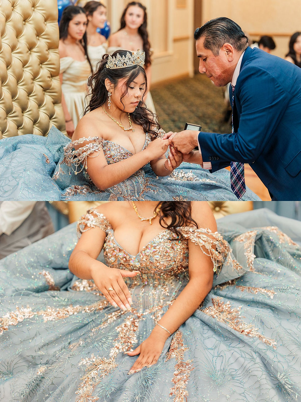 Joliet quinceañera photographer, Crystal Grand Banquets, quinceañera dress dusty blue, gold quince theme, Lemont IL event venue, sweet 15, quinceañera photography, Chicago quince photographer, quince piñata, quinceañera traditions, quince surprise dance, quince ring gift, dusty blue and gold party, airbrush quince shirts, quinceañera decor ideas