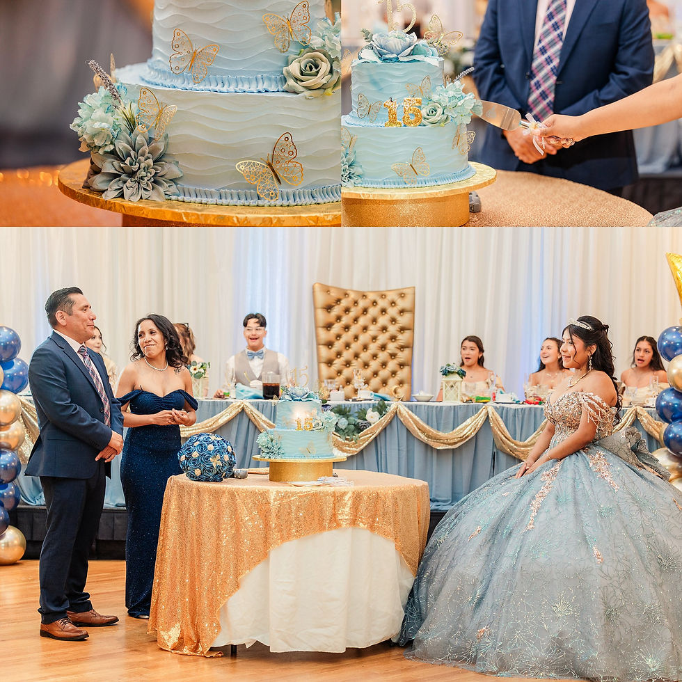 Joliet quinceañera photographer, Crystal Grand Banquets, quinceañera dress dusty blue, gold quince theme, Lemont IL event venue, sweet 15, quinceañera photography, Chicago quince photographer, quince piñata, quinceañera traditions, quince surprise dance, quince ring gift, dusty blue and gold party, airbrush quince shirts, quinceañera decor ideas