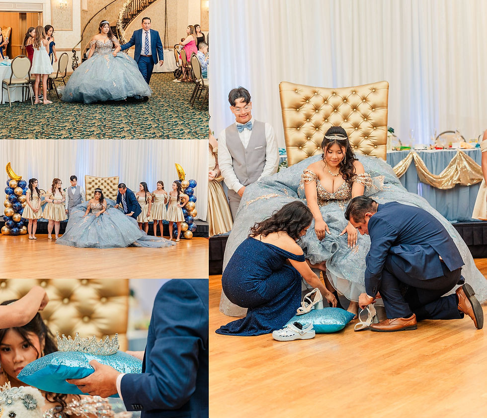 Joliet quinceañera photographer, Crystal Grand Banquets, quinceañera dress dusty blue, gold quince theme, Lemont IL event venue, sweet 15, quinceañera photography, Chicago quince photographer, quince piñata, quinceañera traditions, quince surprise dance, quince ring gift, dusty blue and gold party, airbrush quince shirts, quinceañera decor ideas