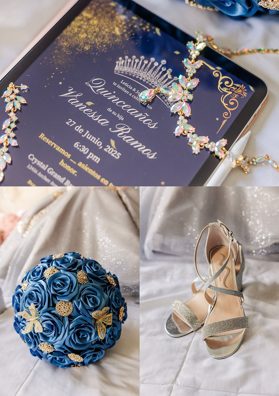 Joliet quinceañera photographer, Crystal Grand Banquets, quinceañera dress dusty blue, gold quince theme, Lemont IL event venue, sweet 15, quinceañera photography, Chicago quince photographer, quince piñata, quinceañera traditions, quince surprise dance, quince ring gift, dusty blue and gold party, airbrush quince shirts, quinceañera decor ideas