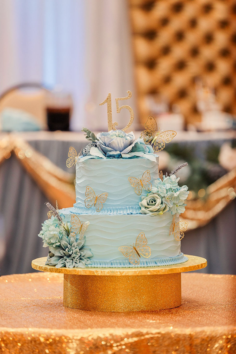 Joliet quinceañera photographer, Crystal Grand Banquets, quinceañera dress dusty blue, gold quince theme, Lemont IL event venue, sweet 15, quinceañera photography, Chicago quince photographer, quince piñata, quinceañera traditions, quince surprise dance, quince ring gift, dusty blue and gold party, airbrush quince shirts, quinceañera decor ideas