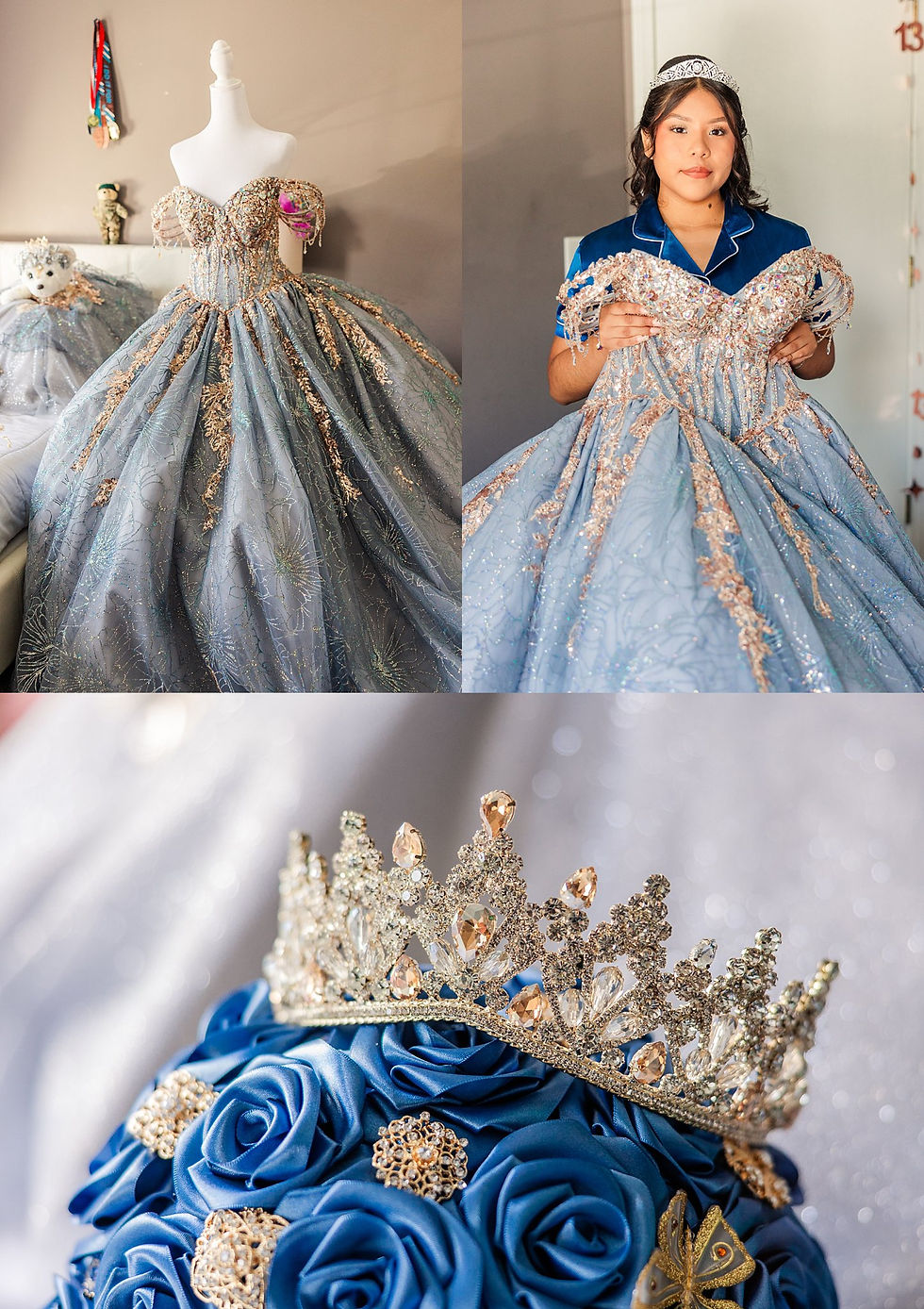 Joliet quinceañera photographer, Crystal Grand Banquets, quinceañera dress dusty blue, gold quince theme, Lemont IL event venue, sweet 15, quinceañera photography, Chicago quince photographer, quince piñata, quinceañera traditions, quince surprise dance, quince ring gift, dusty blue and gold party, airbrush quince shirts, quinceañera decor ideas