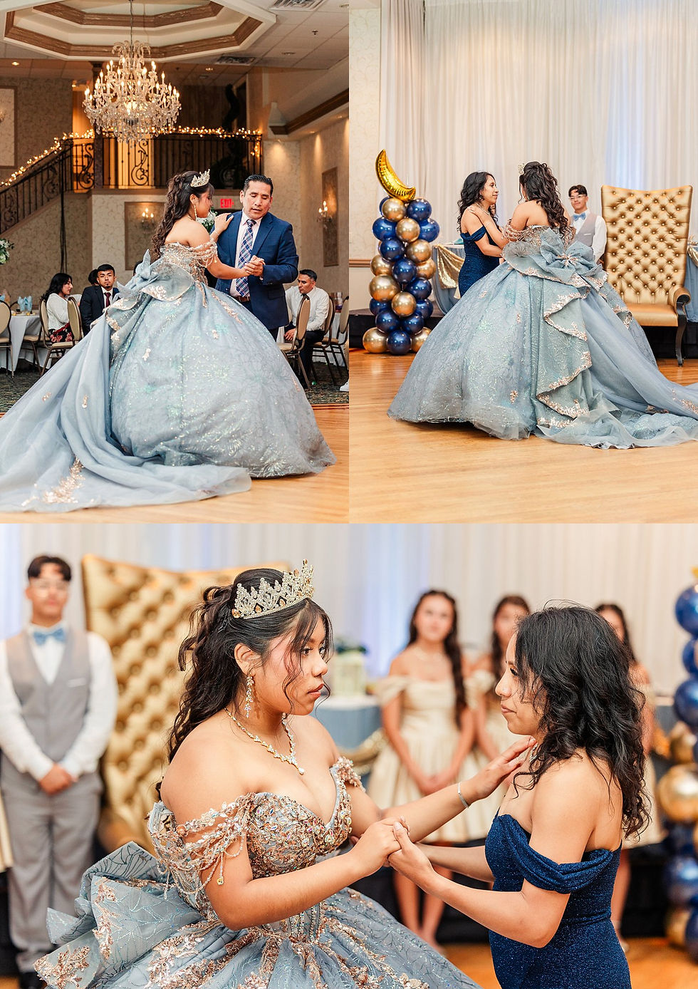 Joliet quinceañera photographer, Crystal Grand Banquets, quinceañera dress dusty blue, gold quince theme, Lemont IL event venue, sweet 15, quinceañera photography, Chicago quince photographer, quince piñata, quinceañera traditions, quince surprise dance, quince ring gift, dusty blue and gold party, airbrush quince shirts, quinceañera decor ideas