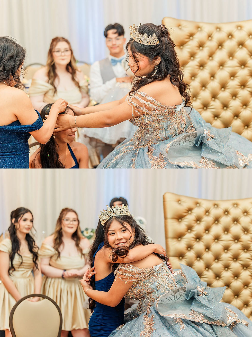 Joliet quinceañera photographer, Crystal Grand Banquets, quinceañera dress dusty blue, gold quince theme, Lemont IL event venue, sweet 15, quinceañera photography, Chicago quince photographer, quince piñata, quinceañera traditions, quince surprise dance, quince ring gift, dusty blue and gold party, airbrush quince shirts, quinceañera decor ideas