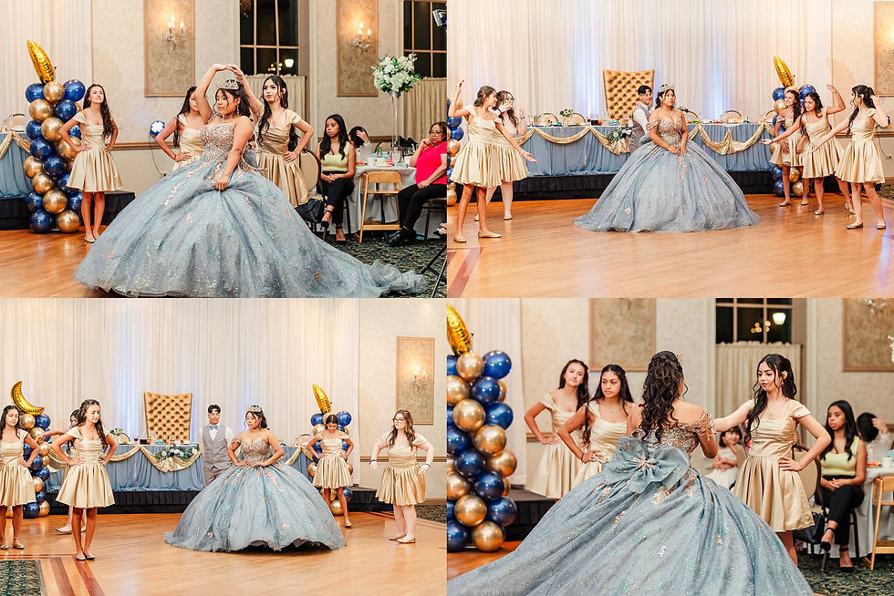 Joliet quinceañera photographer, Crystal Grand Banquets, quinceañera dress dusty blue, gold quince theme, Lemont IL event venue, sweet 15, quinceañera photography, Chicago quince photographer, quince piñata, quinceañera traditions, quince surprise dance, quince ring gift, dusty blue and gold party, airbrush quince shirts, quinceañera decor ideas