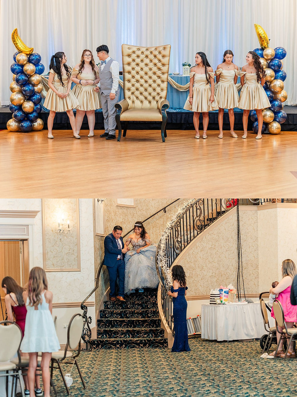 Joliet quinceañera photographer, Crystal Grand Banquets, quinceañera dress dusty blue, gold quince theme, Lemont IL event venue, sweet 15, quinceañera photography, Chicago quince photographer, quince piñata, quinceañera traditions, quince surprise dance, quince ring gift, dusty blue and gold party, airbrush quince shirts, quinceañera decor ideas