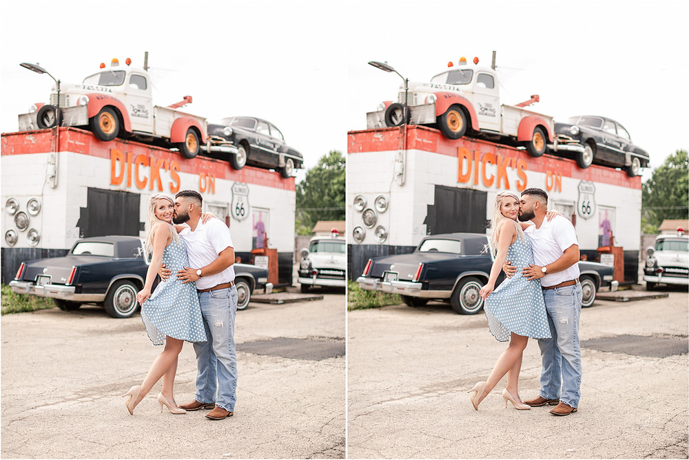 Vintage style engagedment session route 66 illinois us 66 down town joliet il engagement photographer viny recods joliet iron works historic site vintage style rock style fashion photography chevrolette camaro police car