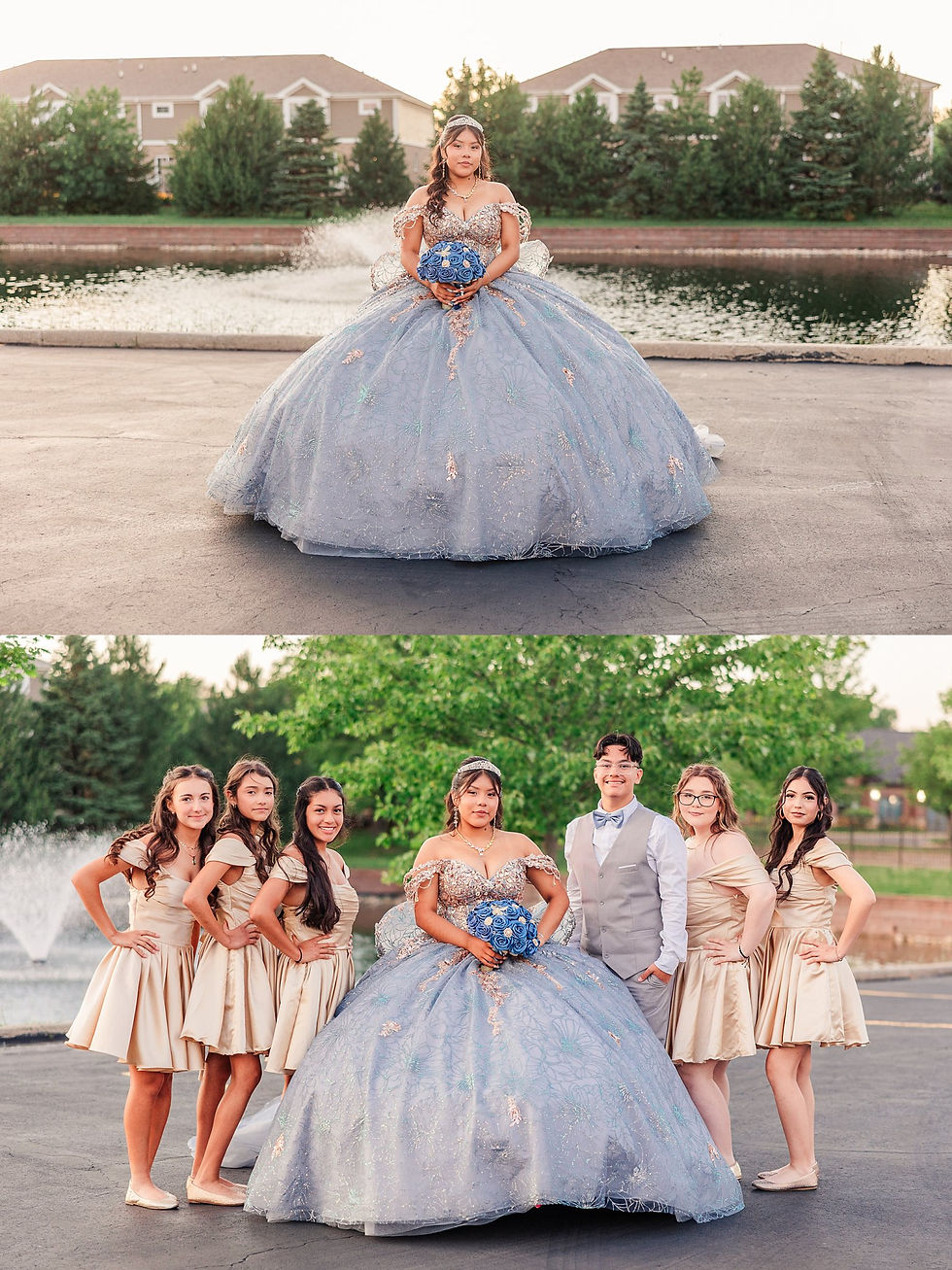 Joliet quinceañera photographer, Crystal Grand Banquets, quinceañera dress dusty blue, gold quince theme, Lemont IL event venue, sweet 15, quinceañera photography, Chicago quince photographer, quince piñata, quinceañera traditions, quince surprise dance, quince ring gift, dusty blue and gold party, airbrush quince shirts, quinceañera decor ideas