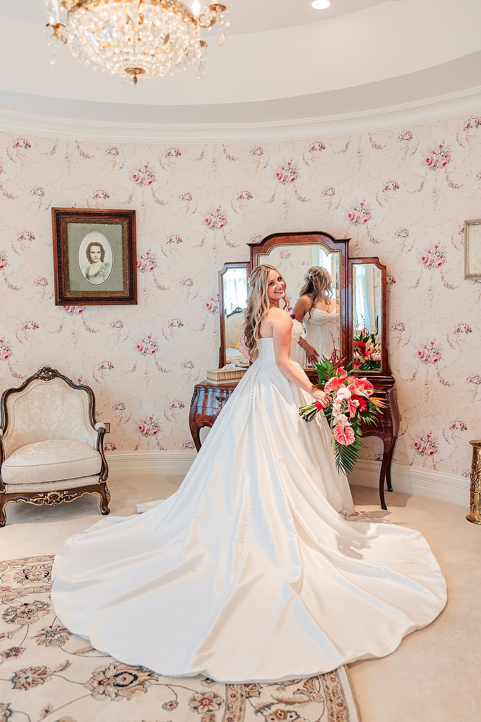 Joliet wedding photographer, tropical themed wedding, Haley Mansion wedding, tropical wedding decor, Cathedral of St Raymond Nonnatus wedding, Illinois wedding photographer, tropical wedding theme ideas, dog in wedding, wedding with pet, blue and pink wedding colors, coconut wedding centerpiece, monstera leaf wedding cake, Joliet IL wedding venue, Chicagoland wedding photographer, rainy wedding photos