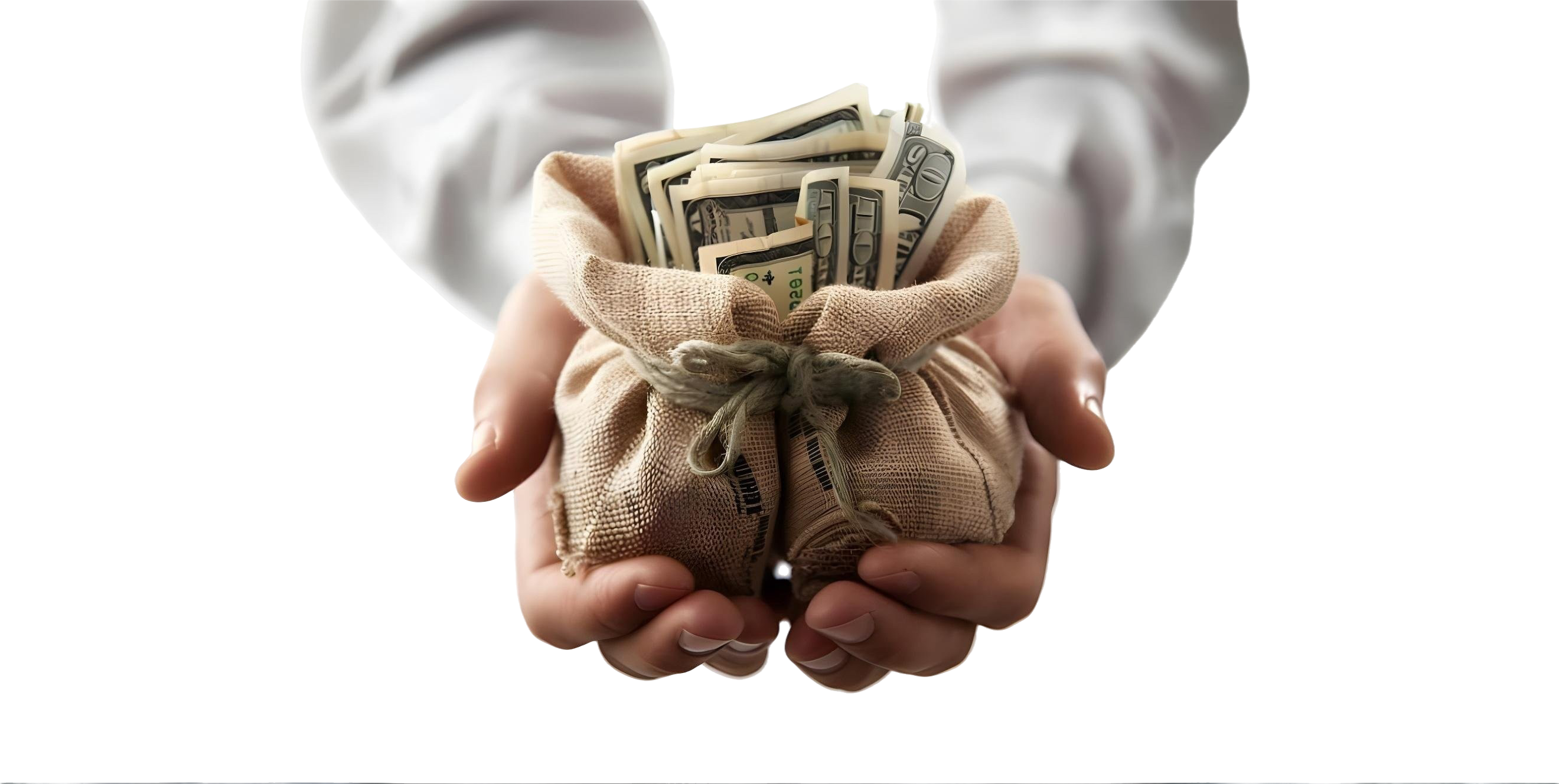 Person holding a pile of cash next to an old cotton bag symbolizing investment and value in Tekstoon’s content creation servi
