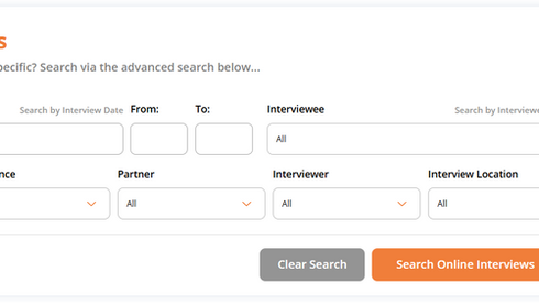 A screenshot of the search options on the Holocaust Testimony UK website. This includes: a text-entry search bar; number entries for Interview Date From and Interview Date To; a searchable dropdown of Interviewees; date entries for Date of Birth From and Date of Birth To; a searchable dropdown for Place of Birth; a searchable dropdown for Experience; a searchable dropdown for Partner; a searchable dropdown for Partner; a searchable dropdown for Interview Location.