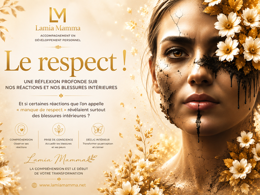 Visuel éditorial premium Lamia Mamma représentant une femme au regard introspectif entourée de fleurs lumineuses symbolisant la guérison intérieure, l’estime de soi, la considération et la transformation émotionnelle à travers la compréhension de ses blessures.