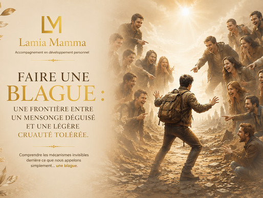 Visuel éditorial Lamia Mamma illustrant une personne isolée au centre d’un groupe qui rit et se moque d’elle. Une réflexion sur les mécanismes invisibles derrière certaines blagues, le besoin de contrôle, la perception et les comportements humains.