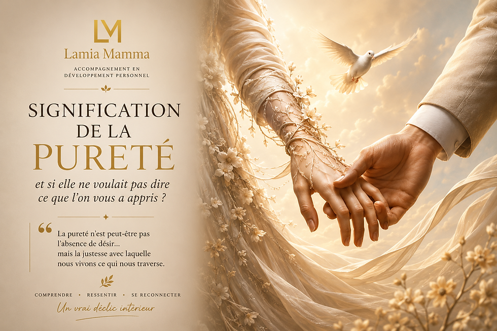 Visuel éditorial premium représentant deux mains qui se rejoignent dans une ambiance beige et dorée lumineuse, symbolisant la pureté, la conscience, l’union intérieure et l’alignement avec soi – Lamia Mamma accompagnement en développement personnel.